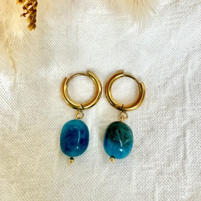 pendientes aro dorados con piedra natural apatito azul