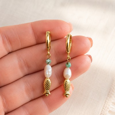 Pendientes de acero inoxidable con perla natural, aguamarina y detalle pez