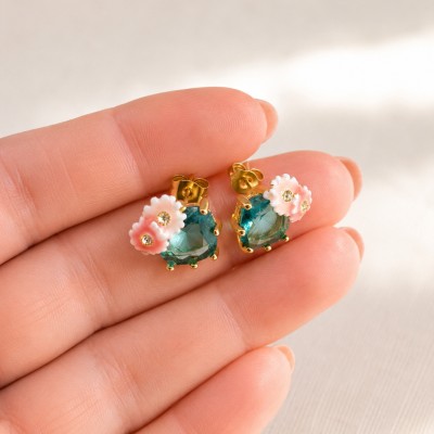 pendientes delicados flor rosa y piedra azul