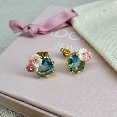 pendientes joya floral azul románticos