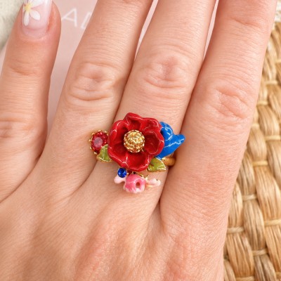 Anillo floral amapola roja ajustable con esmalte brillante