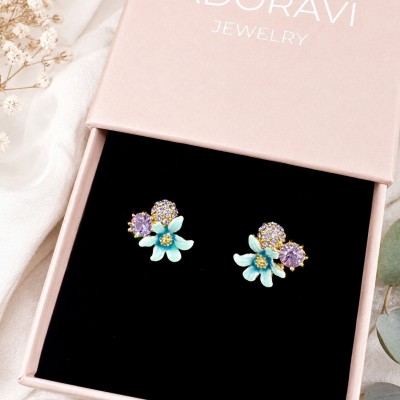 pendientes románticos flor esmaltada y cristal