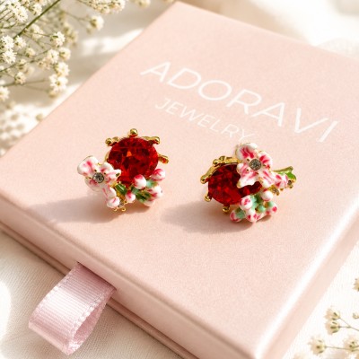 Pendientes Flor Rubi Esmaltados con Plata 925 y Baño de Oro