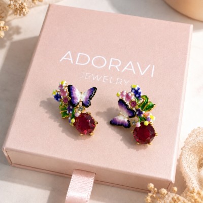 Pendientes mariposa con rubí rojo y flores esmaltadas en baño de oro
