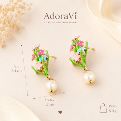 Pendientes ramo de flores con perla natural, diseño floral elegante con medidas