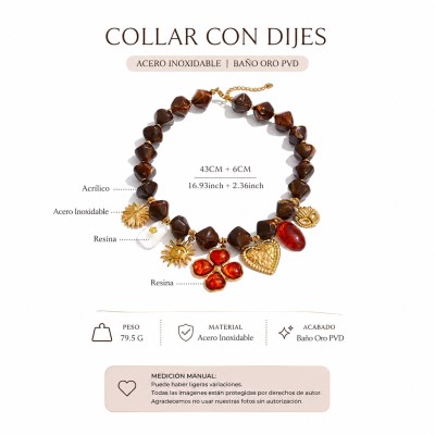 Collar artesanal con piedras marrones y charms dorados, diseño boho romántico con medidas