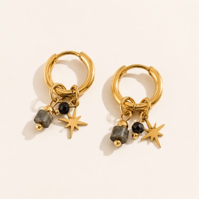 Pendientes estrella dorada con piedra labradorita y cristal negro en acero inoxidable
