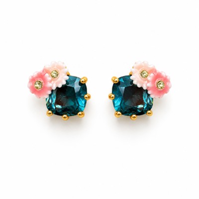 pendientes florales con piedra azul y baño de oro