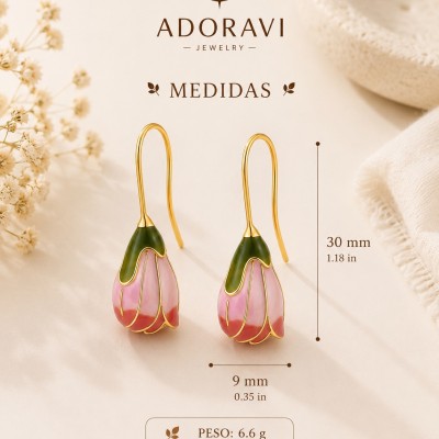 Pendientes flor rosa románticos con baño de oro, 30 mm de largo