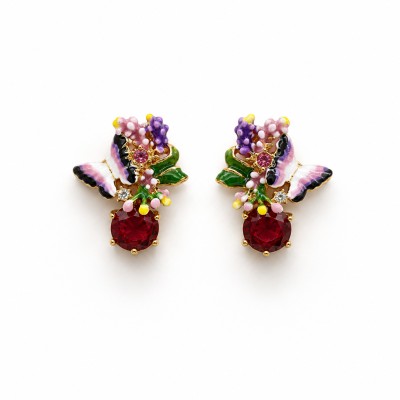Pendientes mariposa rubí floral con piedra roja y flores esmaltadas en baño de oro