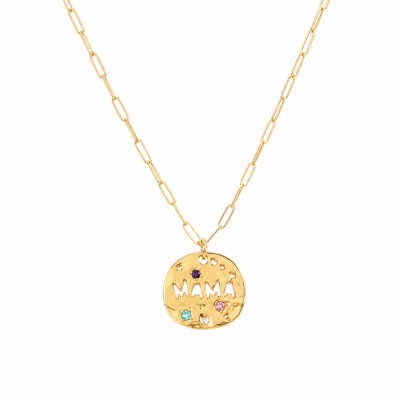 Collar Mamá de acero inoxidable con baño de oro y circonitas de colores