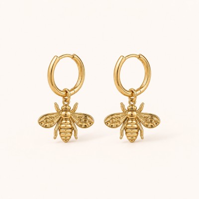 Pendientes abeja dorados de acero inoxidable con baño de oro resistentes al agua