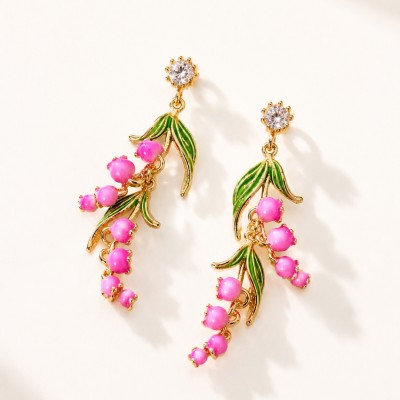 Pendientes flor campanilla rosa con baño de oro y hojas esmaltadas ADORAVI