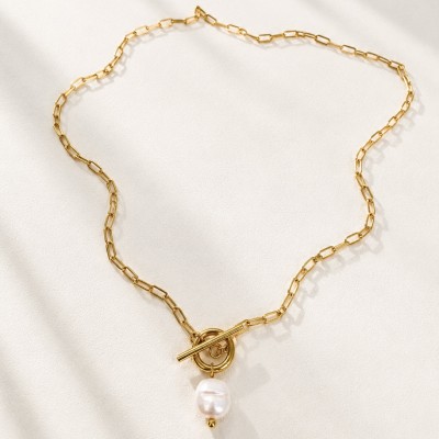 Collar de Perla Barroca Natural de Acero Inoxidable con Baño de Oro