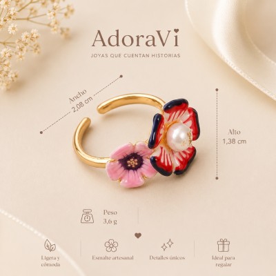 Medidas del anillo ajustable de acero inoxidable con flores esmaltadas y perla