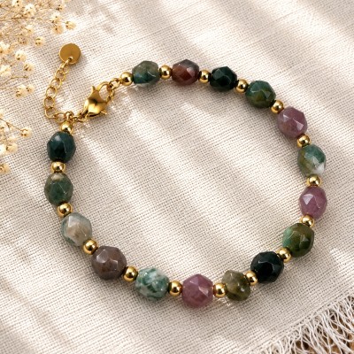 Pulsera Armonía de piedras naturales en acero inoxidable dorado con ágata india, jaspe, aventurina, granate, turmalina y cuarzo