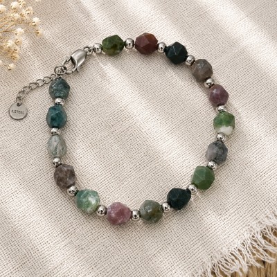 Pulsera Armonía de piedras naturales en acero inoxidable plata con ágata india, jaspe, aventurina, granate, turmalina y cuarzo