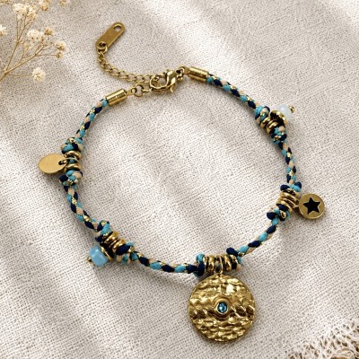 Pulsera Luna Celeste Boho de acero inoxidable con cordón azul, charms dorados y colgante de ojo protector