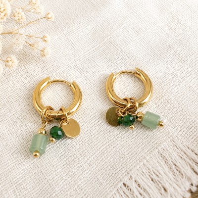 Pendientes de aro dorados de acero inoxidable con aventurina verde y cristal facetado
