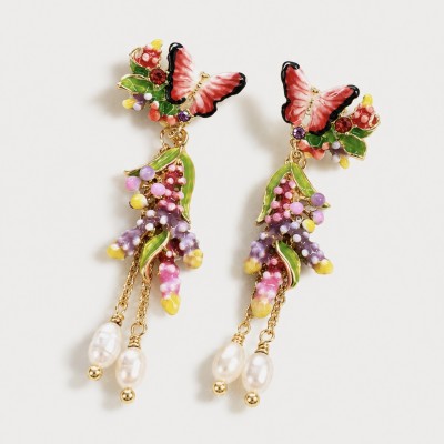 Pendientes largos de mariposa y flores con perlas diseño floral colorido para mujer