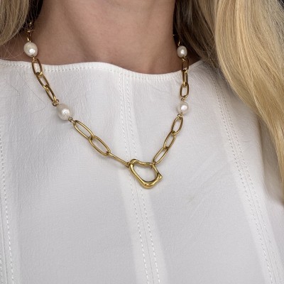 Collar de Perlas Naturales con Corazón | Acero Inoxidable Dorado