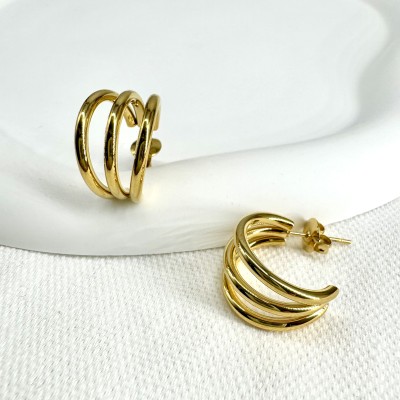 Pendientes triple aro de acero inoxidable y baño de oro | Waterproof